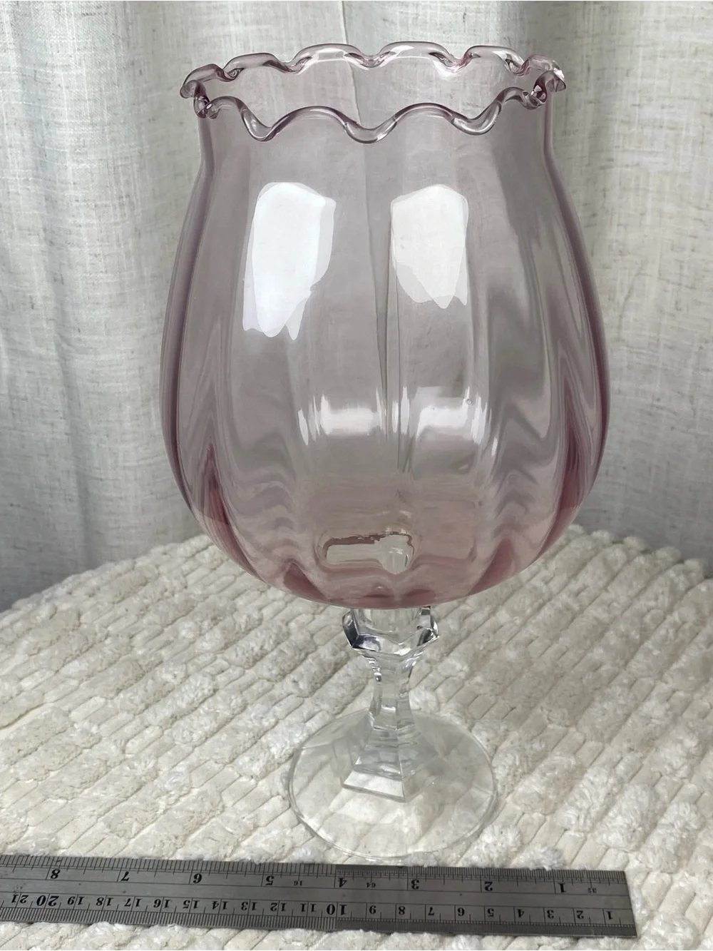 Vtg MCM Empoli Style Pink Optic Glass Goblet Vase Ruffled Brandy Snifter 11